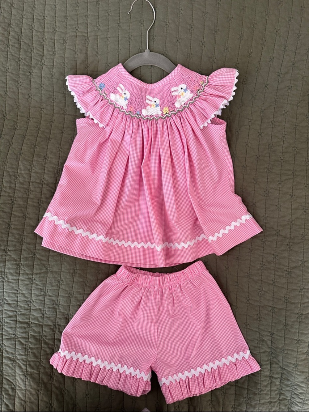Girls Pink Smocked Bunny Ruffle Pajama Set